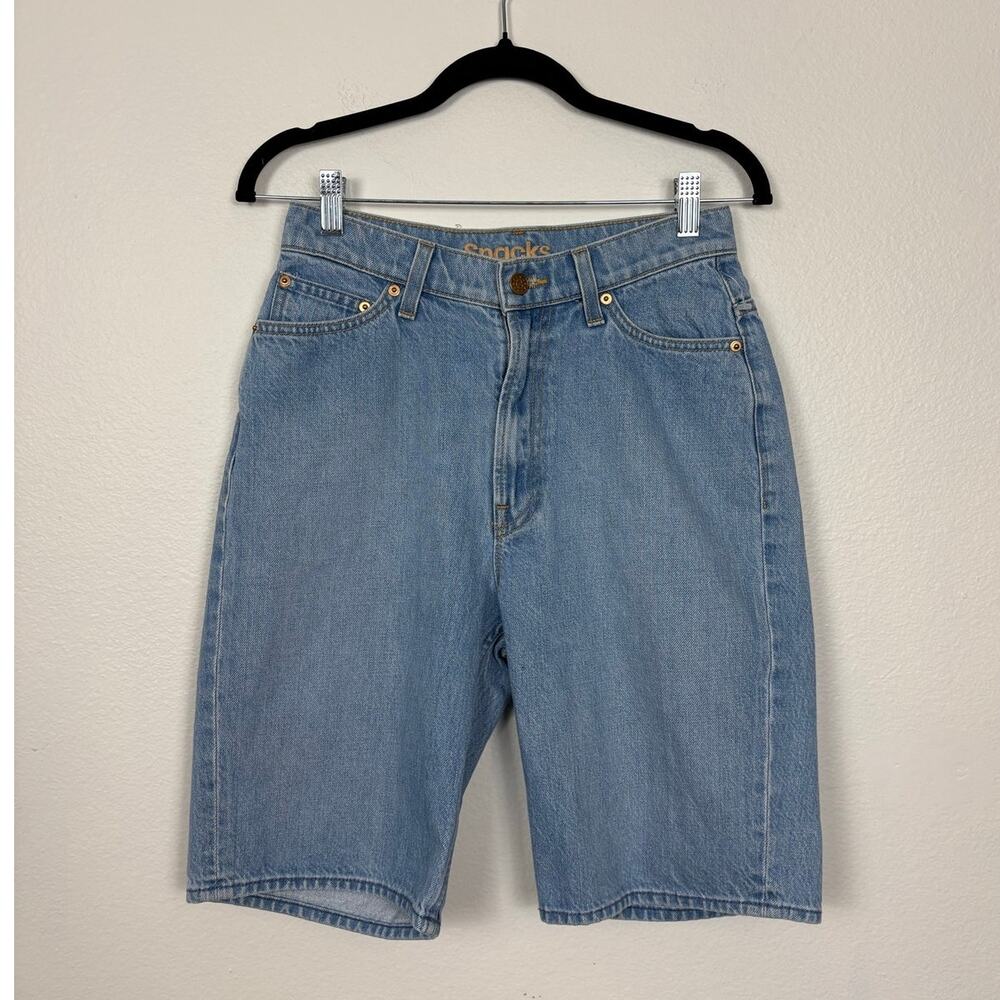 Mother Snacks High Waisted Twizzy Knee Length Jean Shorts Light Blue 27